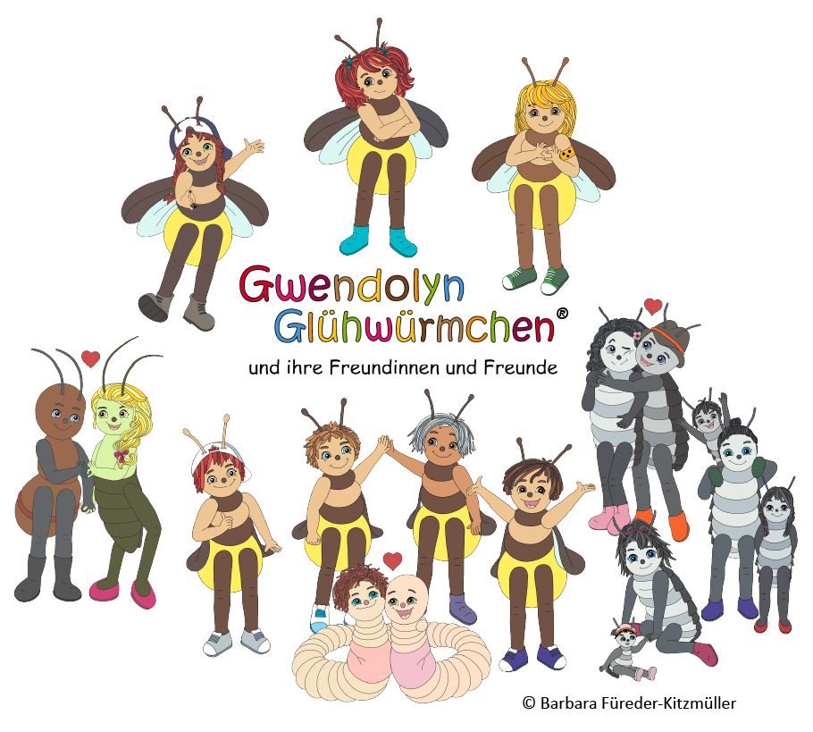 Zu sehen sind Gwendolyn Glühwürmchen und ihre Freundinnen und Freunde. Die Figuren wurden von Barbara Füreder-Kitzmüller gezeichnet.